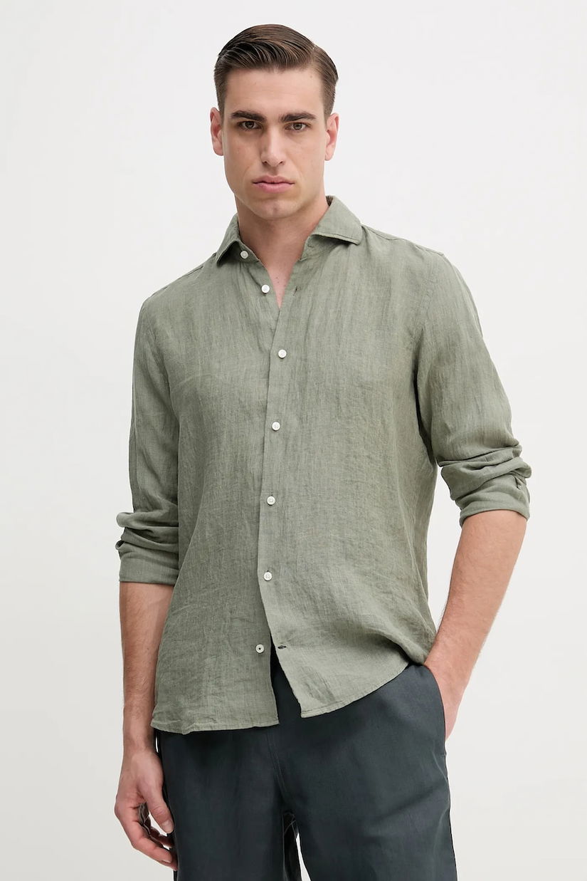 Joop! cămașă de in bărbați, culoarea turcoaz, cu guler italian, slim, 30046075