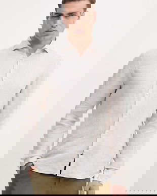 Joop! cămașă de in bărbați, culoarea bej, cu guler italian, slim, 30046075