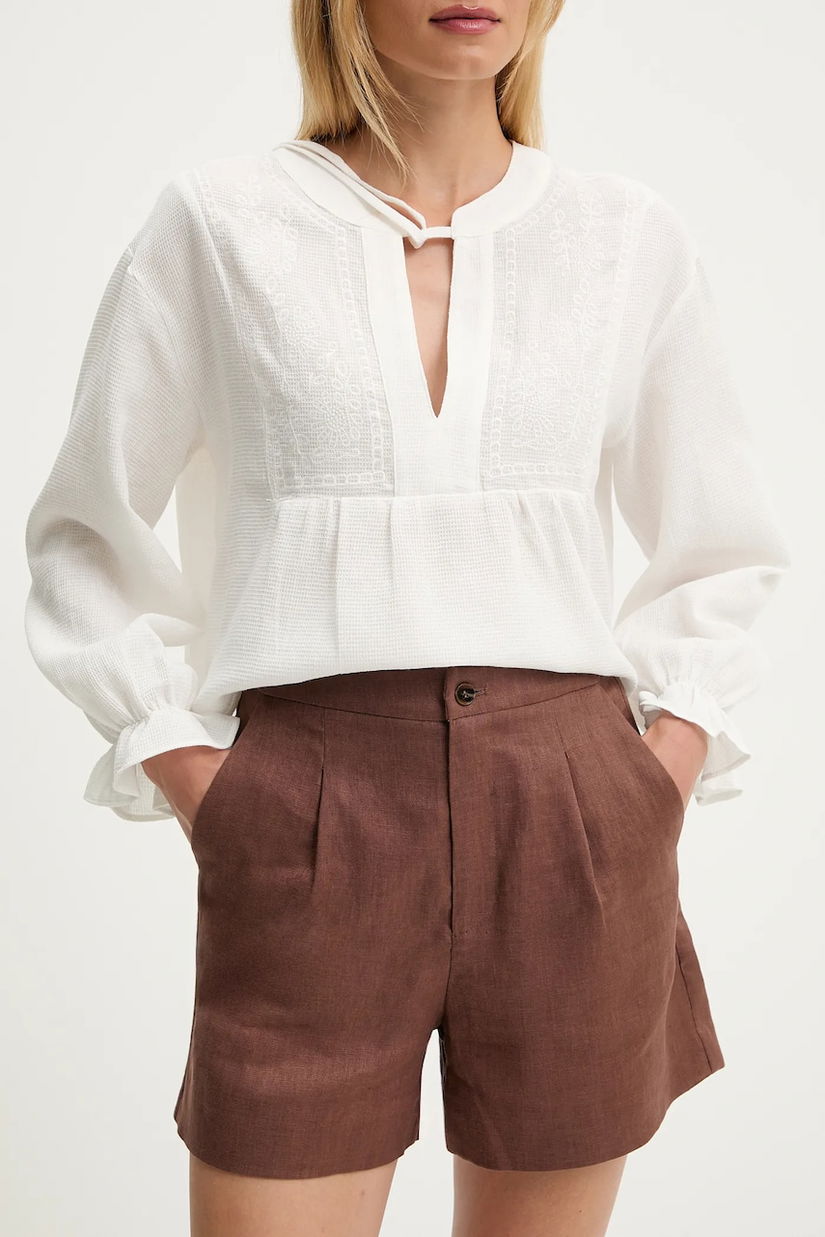 Answear.LAB pantaloni scurti din in culoarea maro, neted, high waist