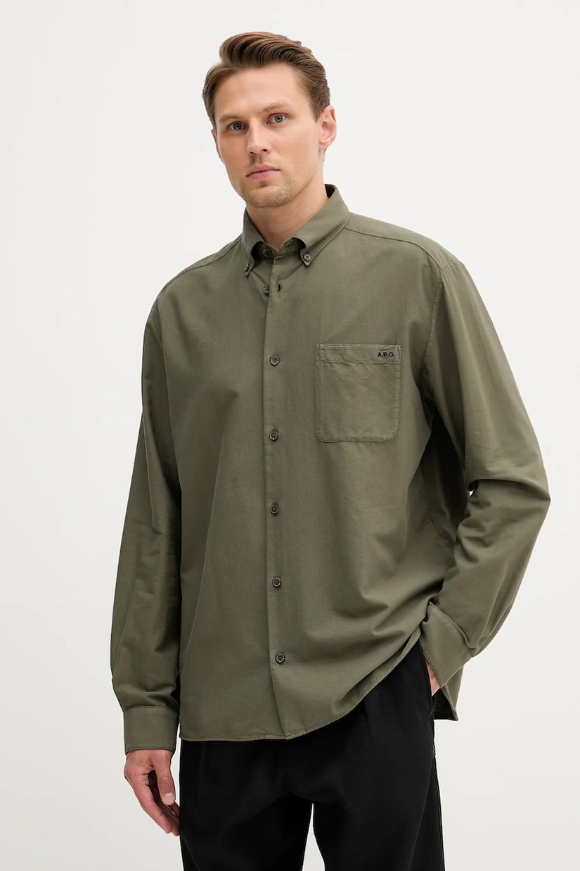 A.P.C. cămașă din bumbac Chemise Mateo Logo culoarea alb, cu guler button-down, relaxed, COHAH.H12599