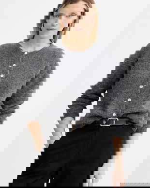 American Vintage cardigan din lână GILET ML COL ROND culoarea gri, VITO19E