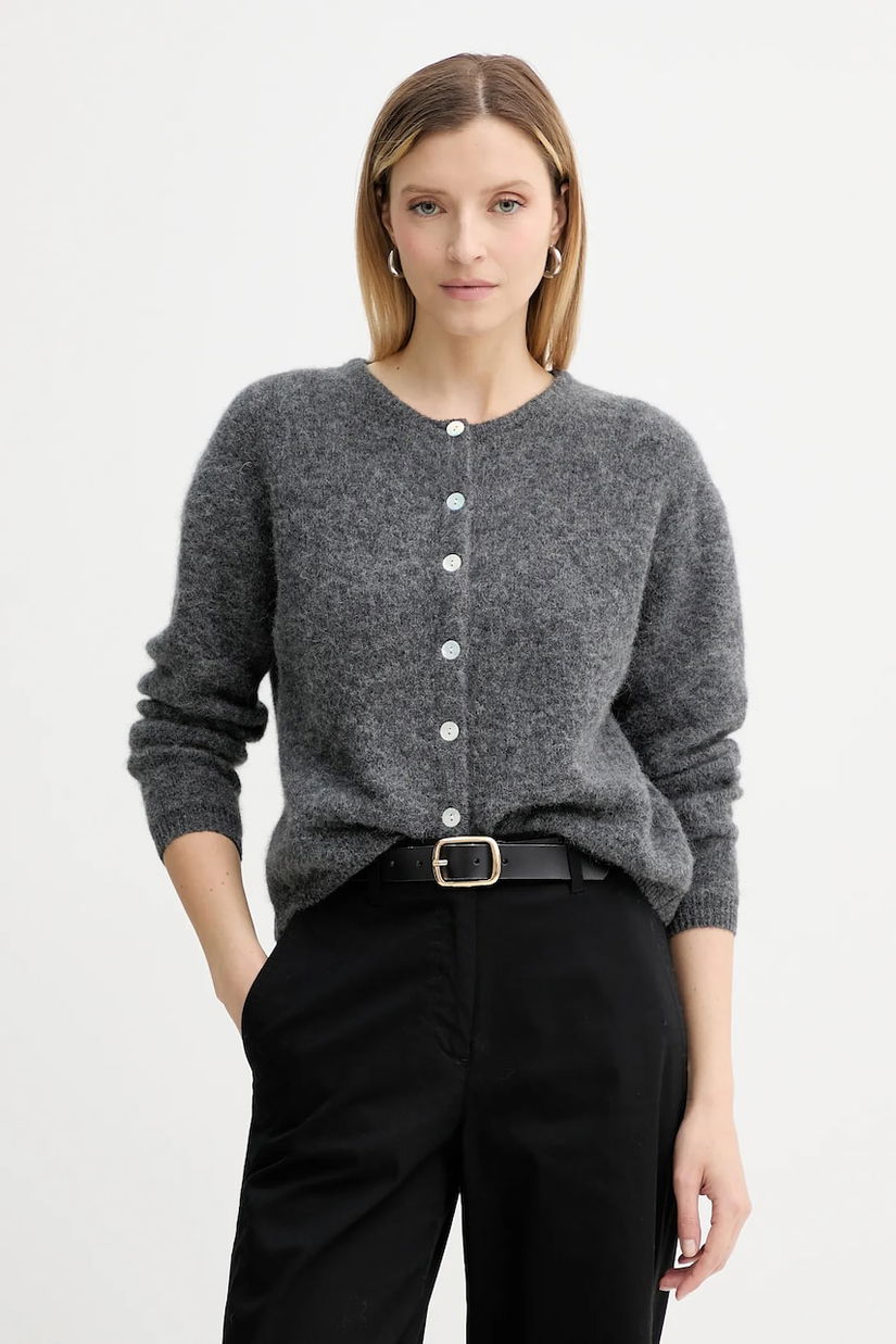 American Vintage cardigan din lână GILET ML COL ROND culoarea gri, VITO19E