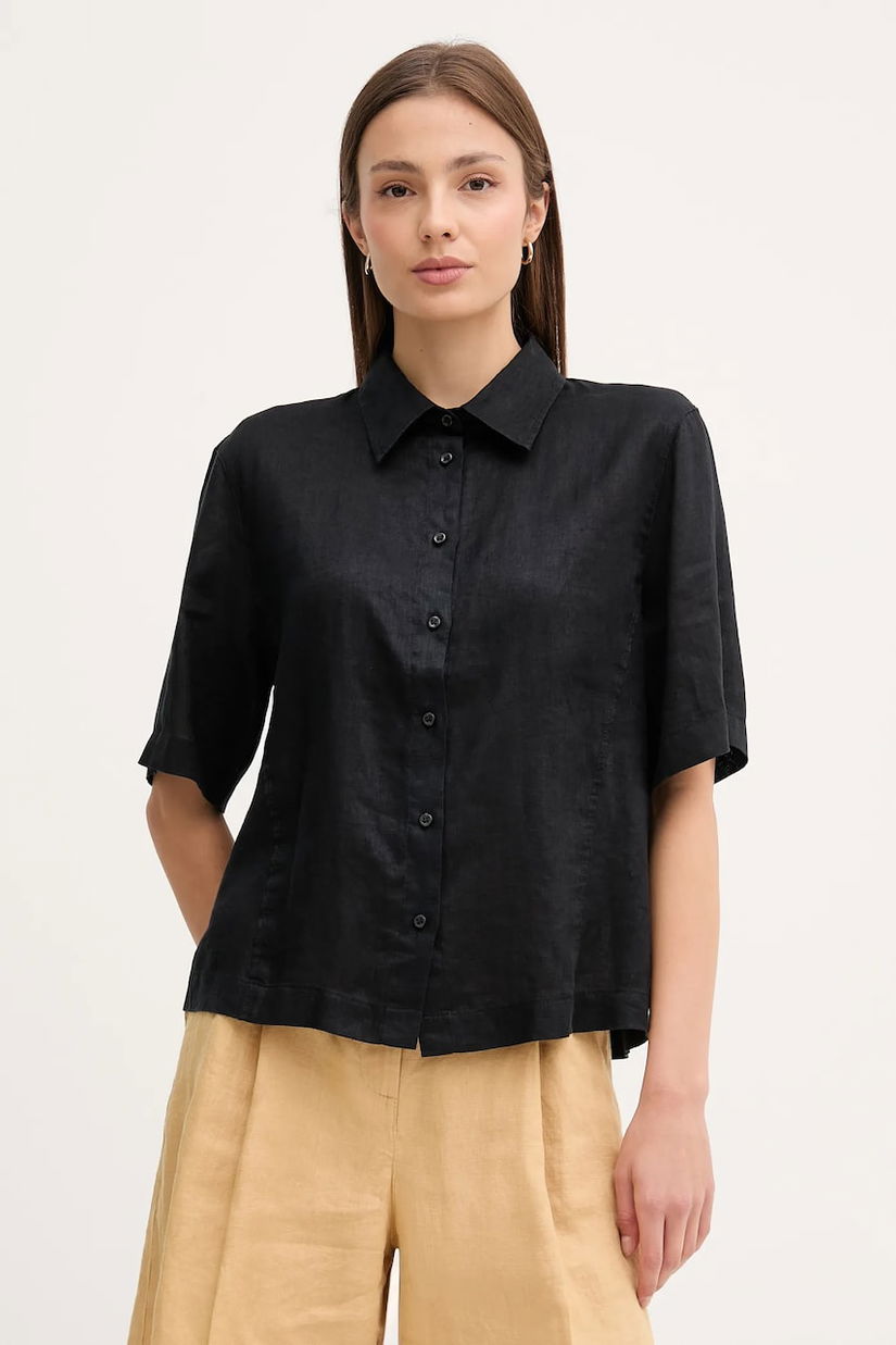Sisley cămașă de in culoarea negru, cu guler clasic, relaxed, 5BMLLQ08U