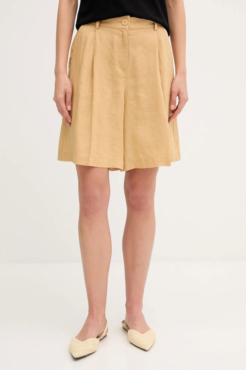 Sisley pantaloni scurți din in culoarea verde, uni, high waist, 4AGHL901K