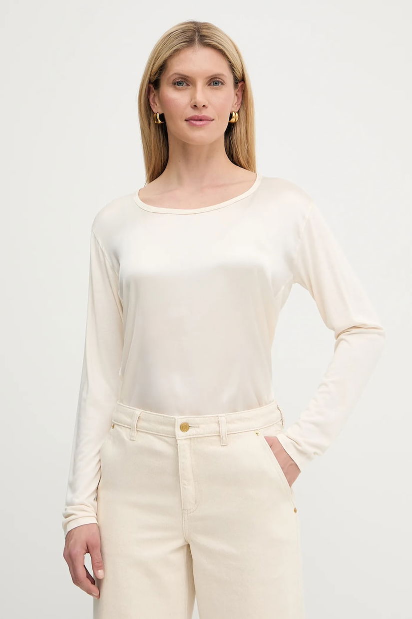 BOSS Green bluză din amestec de mătase culoarea bej, uni, 50541888