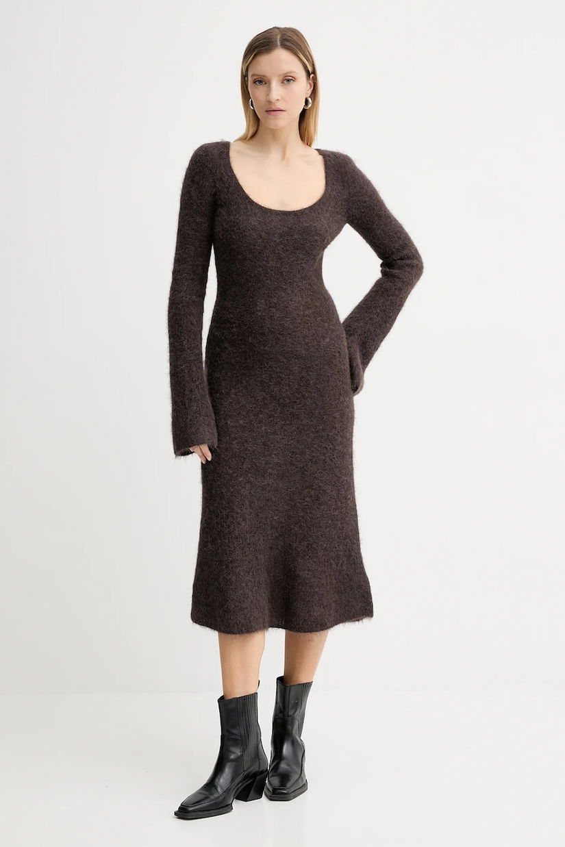 American Vintage rochie din lână culoarea maro, midi, evazați, NEN14A