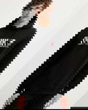 Tommy Jeans hanorac de bumbac culoarea negru, cu glugă, cu imprimeu, DM0DM22144