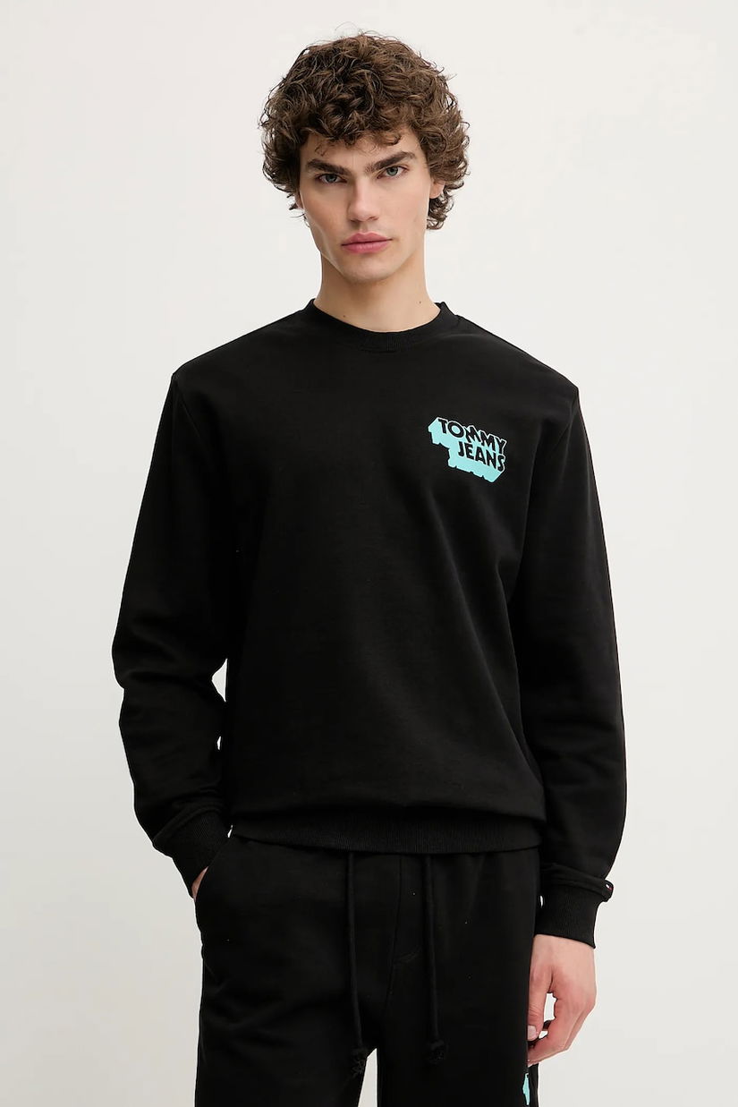 Tommy Jeans hanorac de bumbac culoarea negru, cu imprimeu, DM0DM21640