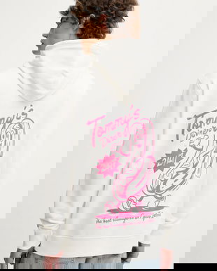 Tommy Jeans hanorac de bumbac culoarea alb, cu glugă, cu imprimeu, DM0DM21798