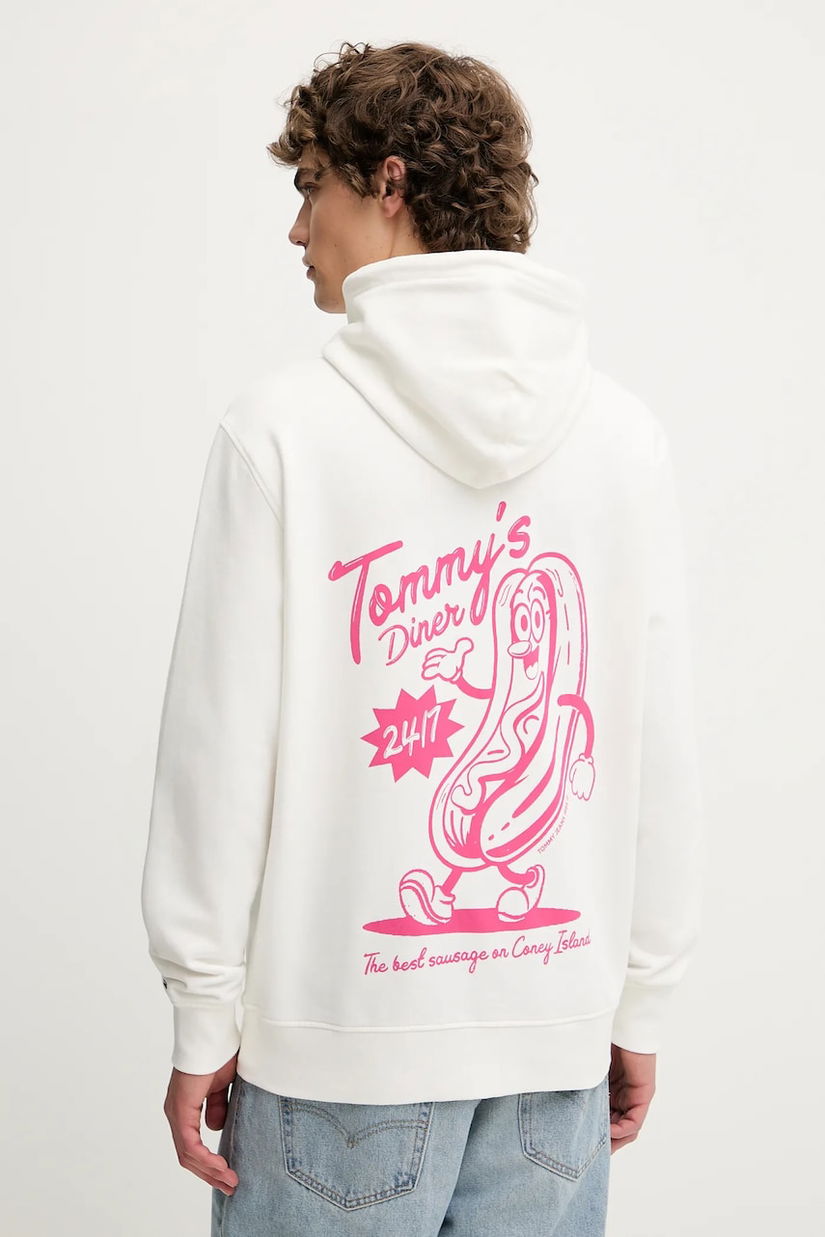 Tommy Jeans hanorac de bumbac culoarea alb, cu glugă, cu imprimeu, DM0DM21798