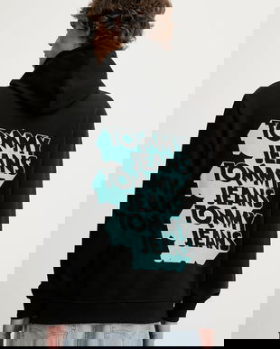 Tommy Jeans hanorac de bumbac culoarea negru, cu glugă, cu imprimeu, DM0DM21625