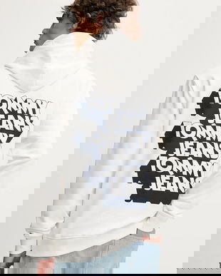 Tommy Jeans hanorac de bumbac culoarea alb, cu glugă, cu imprimeu, DM0DM21625