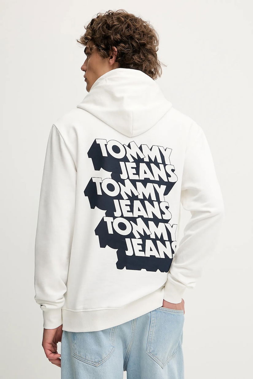 Tommy Jeans hanorac de bumbac culoarea alb, cu glugă, cu imprimeu, DM0DM21625