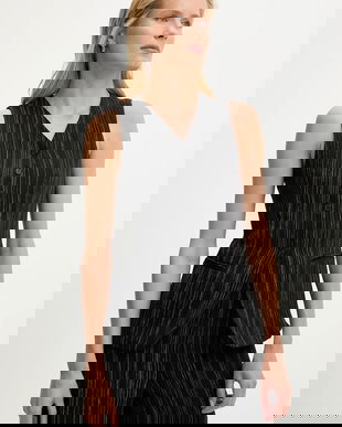 Answear Lab vestă de in culoarea negru, un singur rand de nasturi