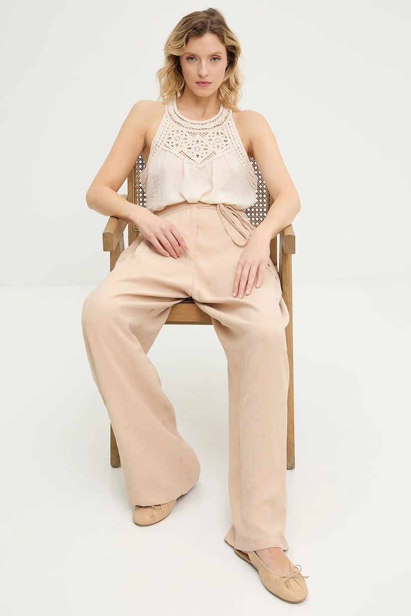 Answear Lab pantaloni femei, culoarea bej, lat, high waist