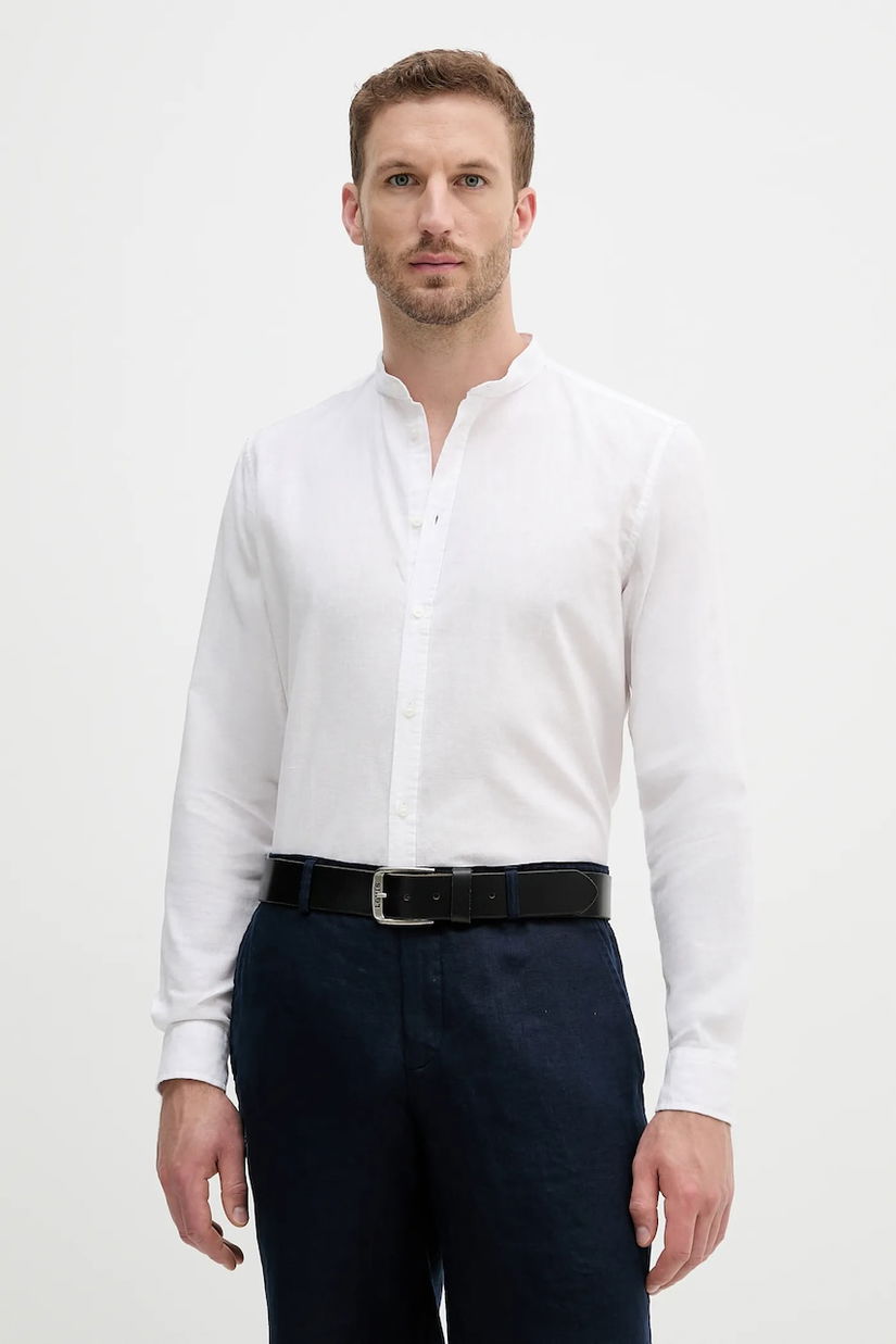 Sisley cămașă de in culoarea alb, cu guler stand-up, regular, 51FCSQ03J