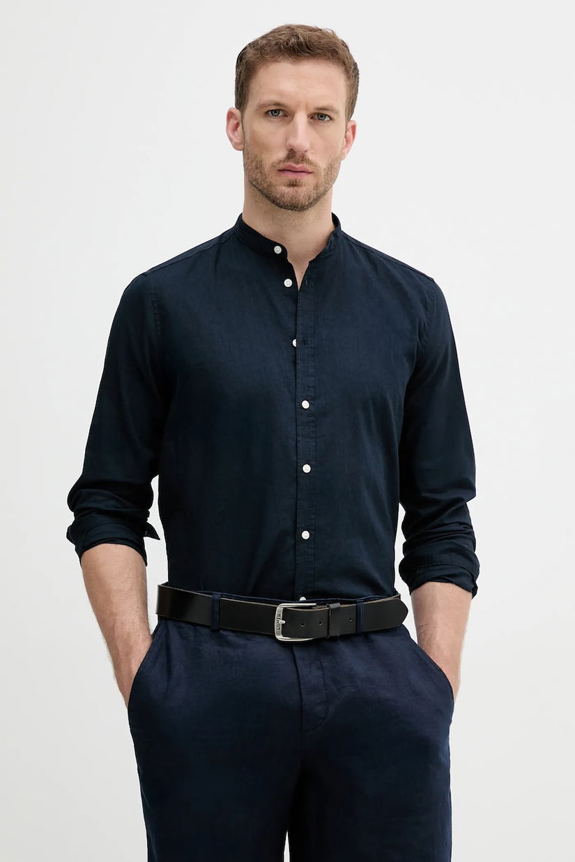 Sisley cămașă de in culoarea bleumarin, cu guler stand-up, regular, 51FCSQ03J
