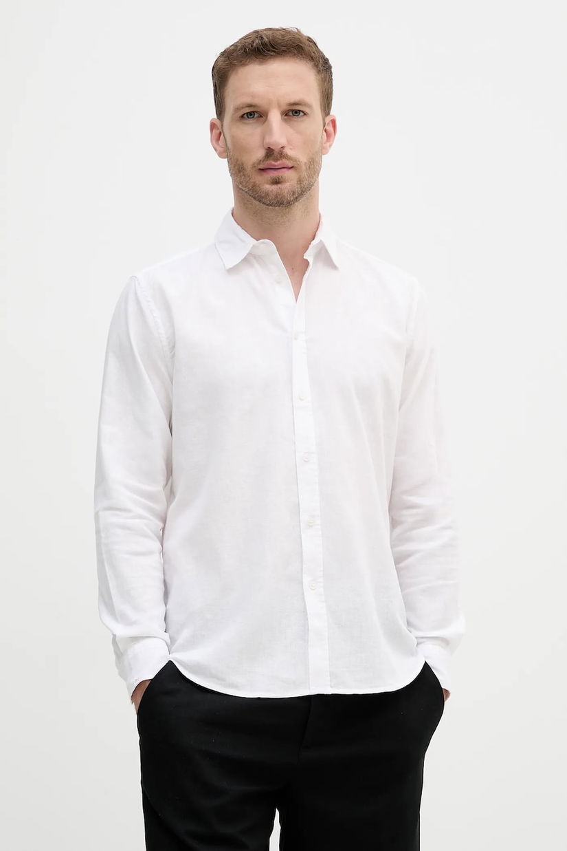Sisley cămașă de in culoarea alb, cu guler clasic, regular, 51FCSQ03G