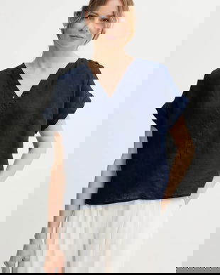 United Colors of Benetton bluză din in culoarea bleumarin, uni, 5BMLDQ0BR