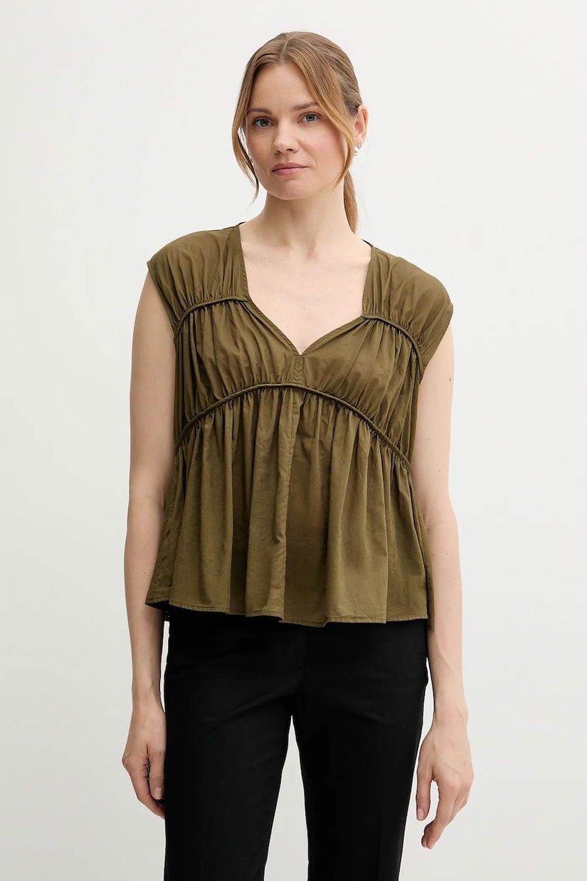 Sisley bluză din bumbac culoarea verde, uni, 5HO1LQ08X