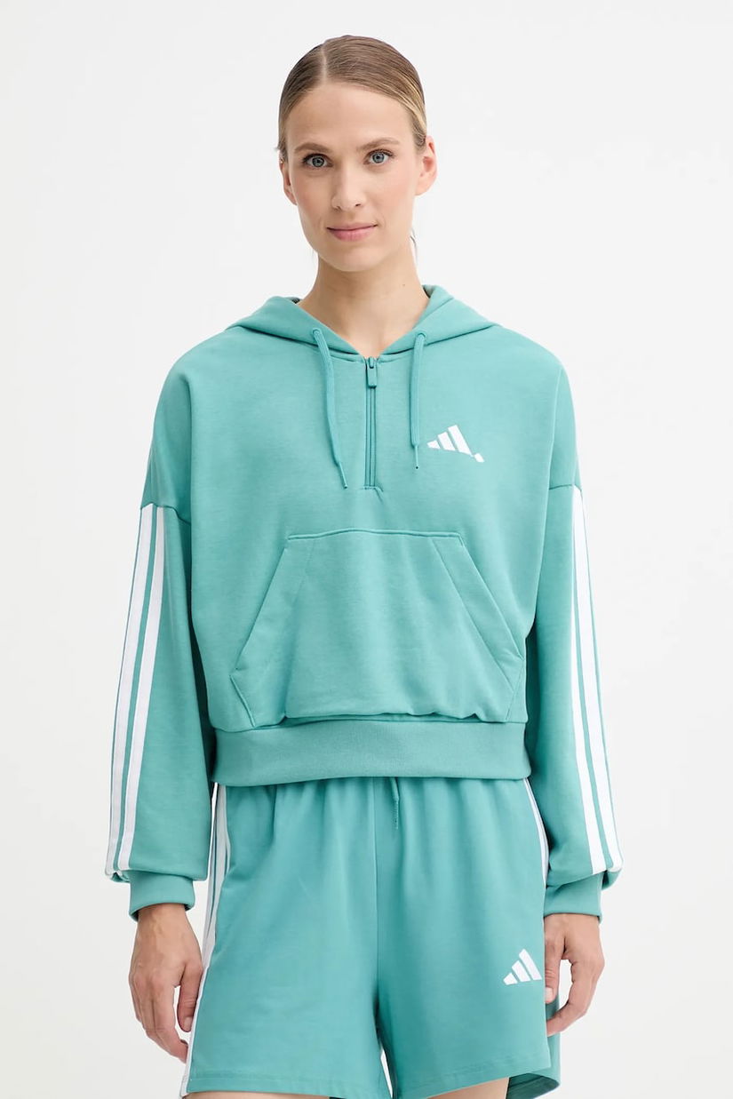 adidas bluză 3-Stripes culoarea verde, cu glugă, cu imprimeu, JX7677