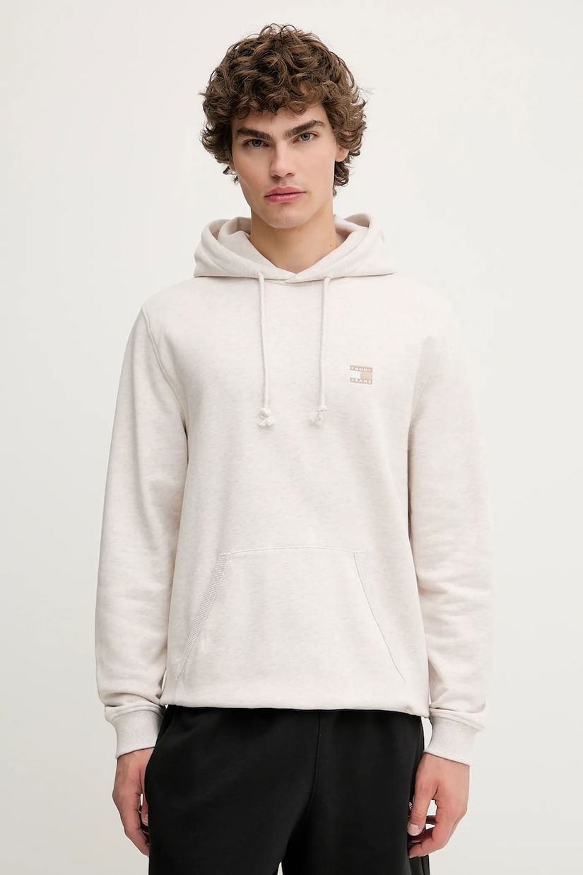 Tommy Jeans hanorac de bumbac culoarea bej, cu glugă, melanj, DM0DM21922