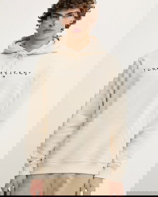 Tommy Jeans bluză culoarea bej, cu glugă, cu imprimeu, DM0DM20746