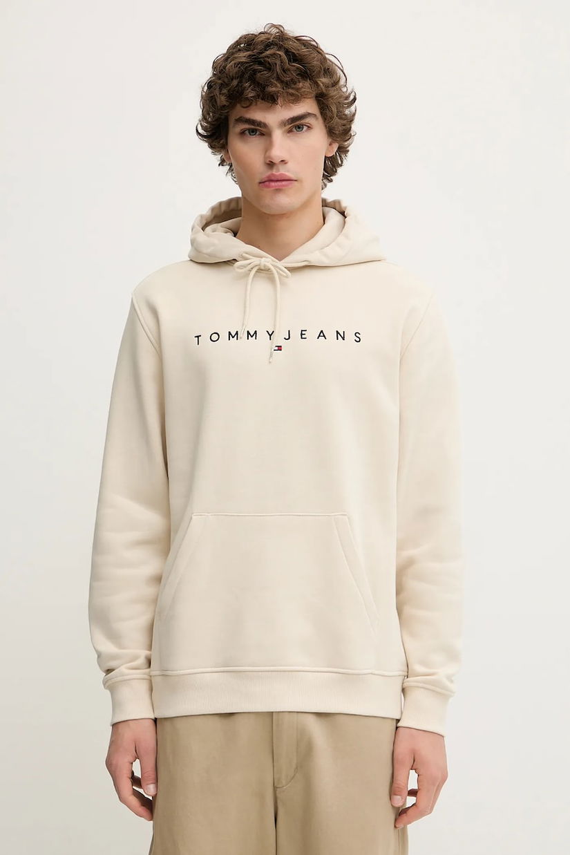 Tommy Jeans bluză culoarea bej, cu glugă, cu imprimeu, DM0DM20746