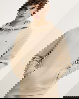 Tommy Jeans bluză culoarea bej, cu glugă, uni, DM0DM20742