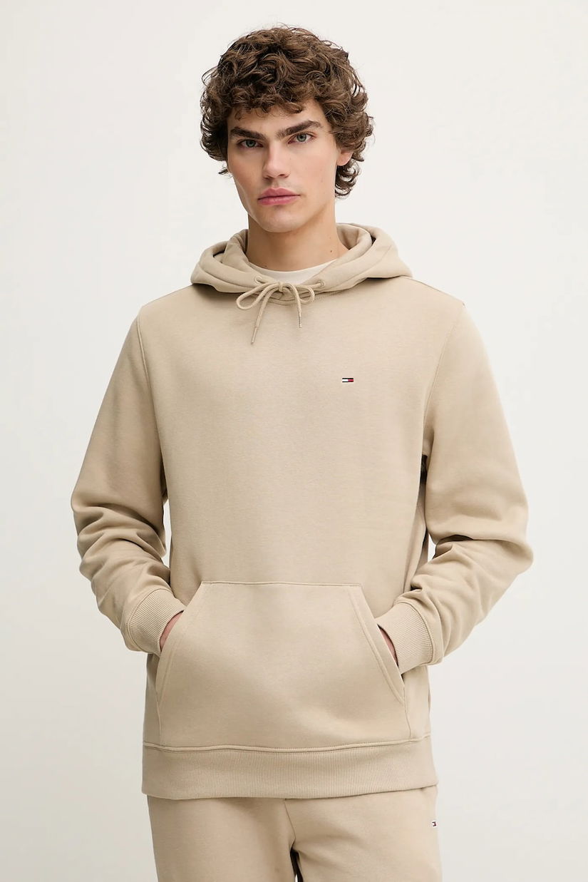 Tommy Jeans bluză culoarea bej, cu glugă, uni, DM0DM20742