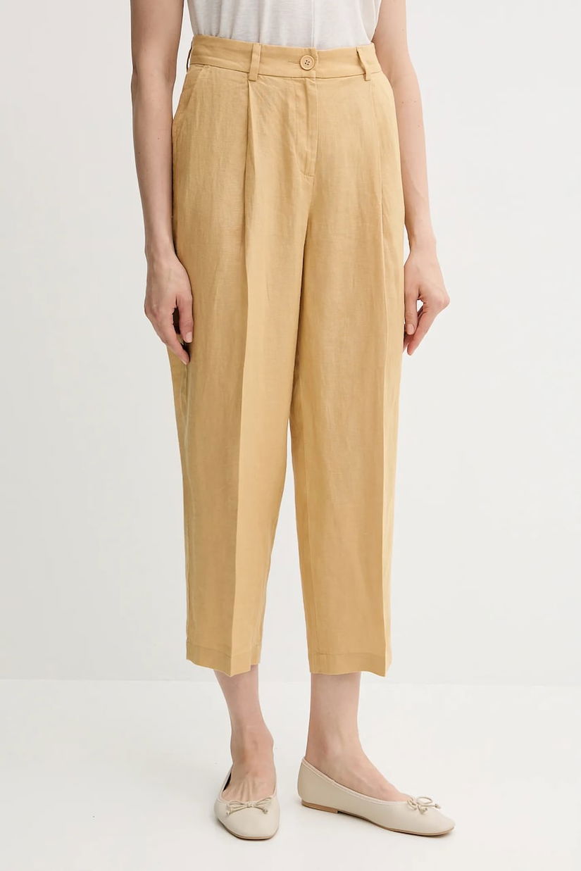 Sisley pantaloni din in culoarea galben, lat, high waist, 4AGHLF06R