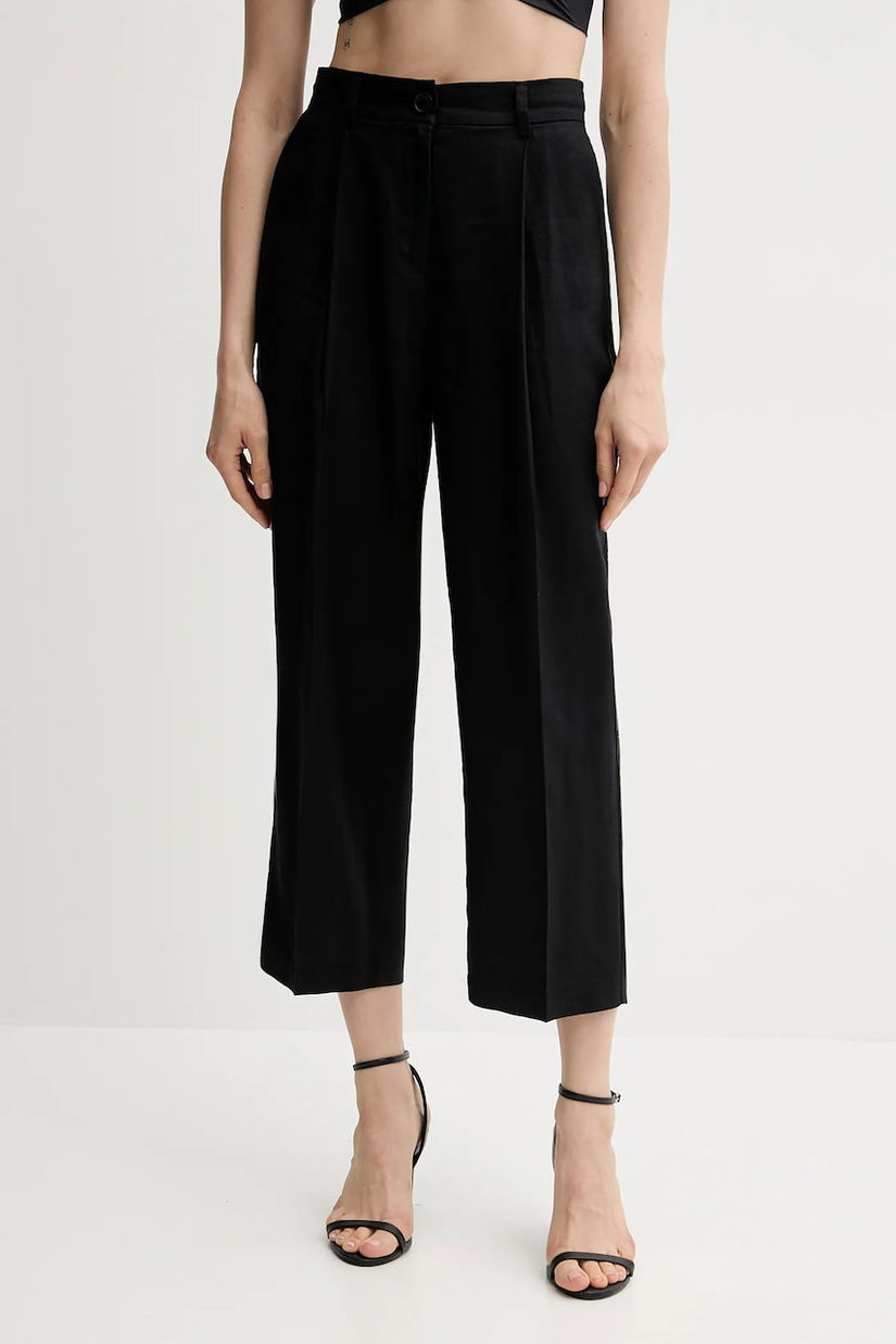 Sisley pantaloni din in culoarea negru, lat, high waist, 4AGHLF06R