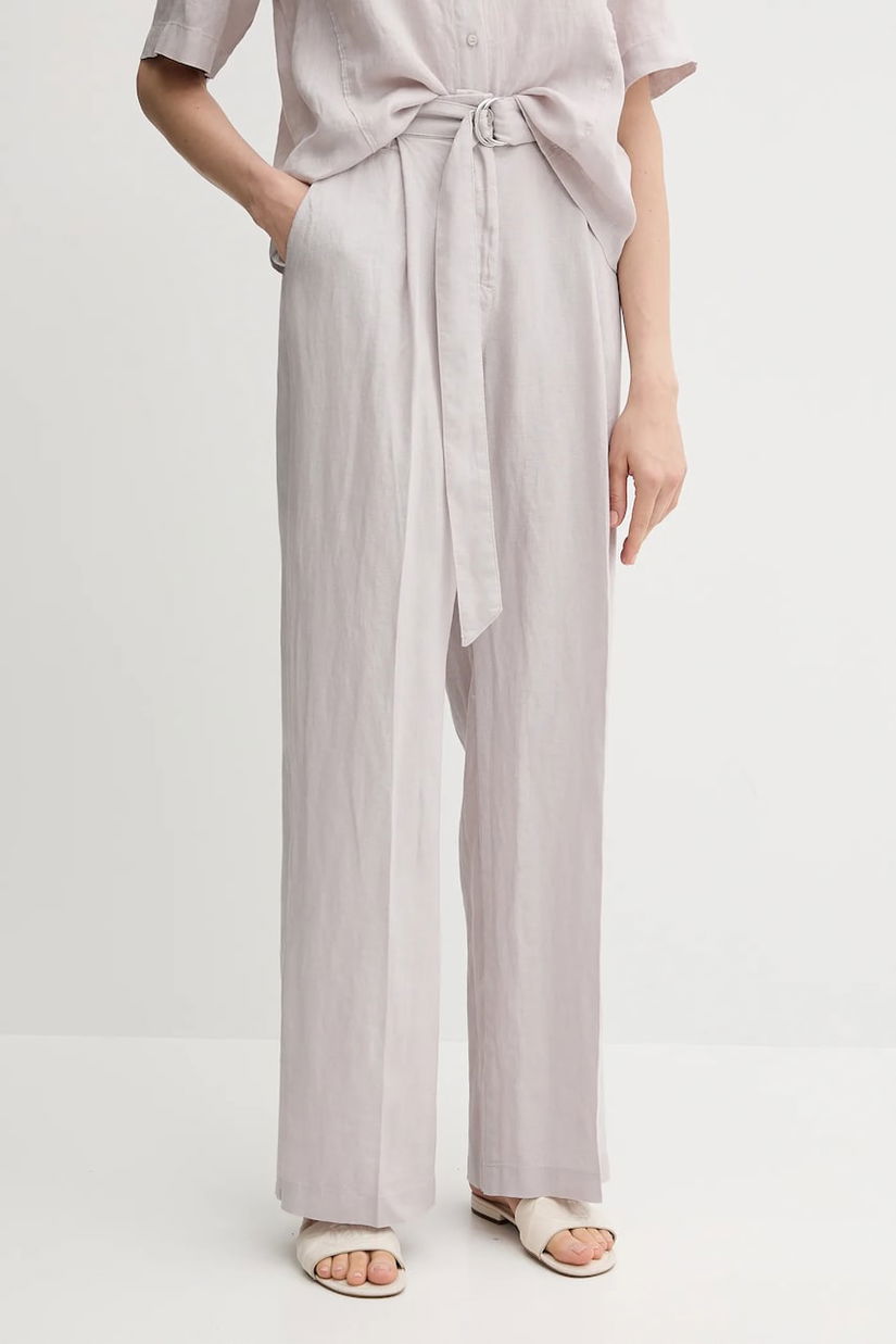 Sisley pantaloni din in culoarea gri, drept, high waist, 4AGHLF06U