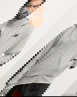 adidas bluză Essentials culoarea gri, cu glugă, cu imprimeu, JD1865