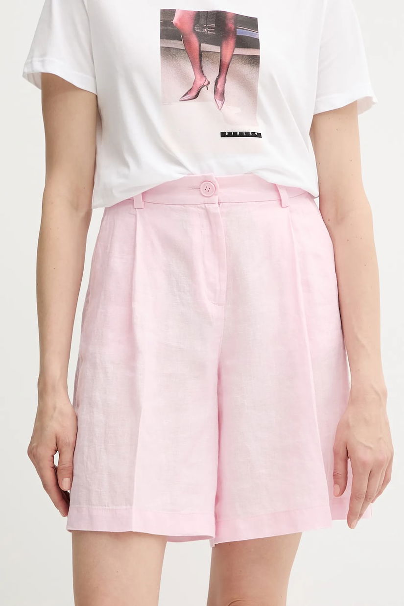 Sisley pantaloni scurți din in culoarea roz, uni, high waist, 4AGHL901K