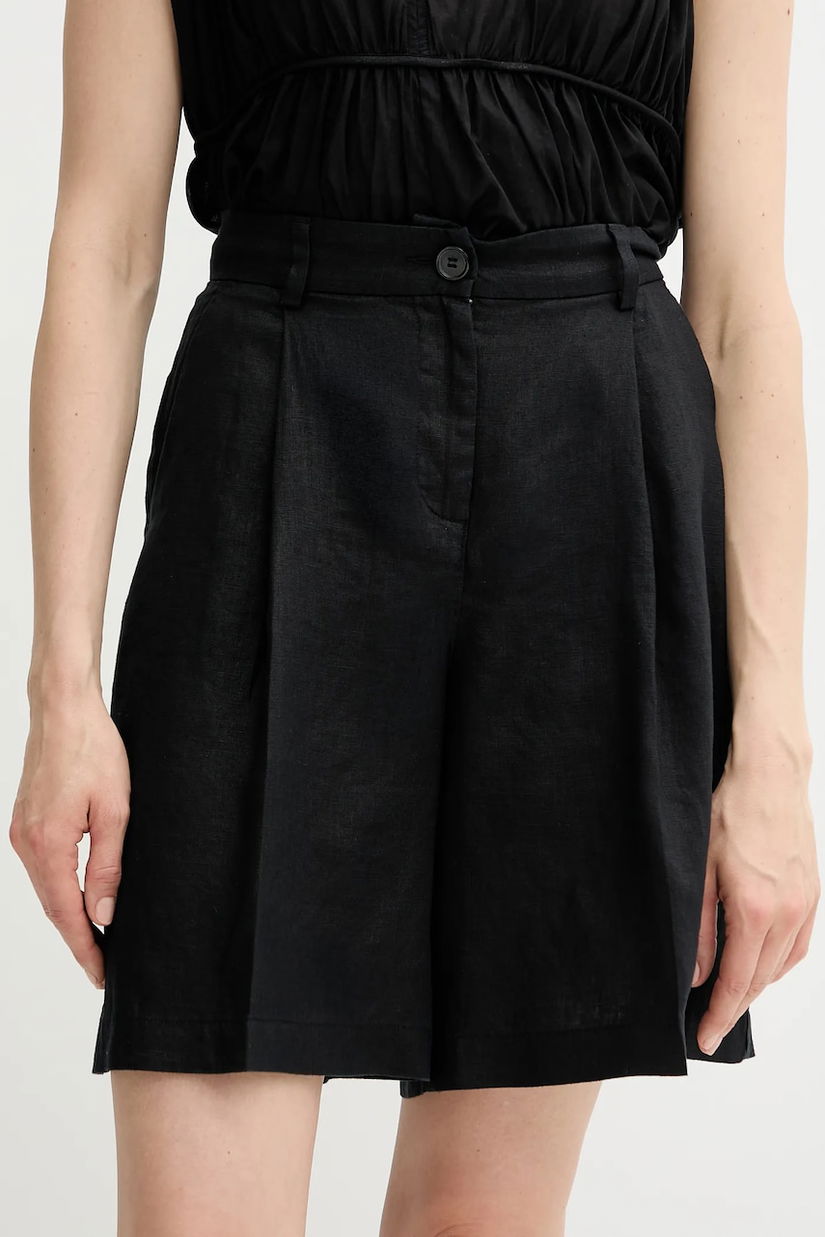 Sisley pantaloni scurți din in culoarea negru, uni, high waist, 4AGHL901K