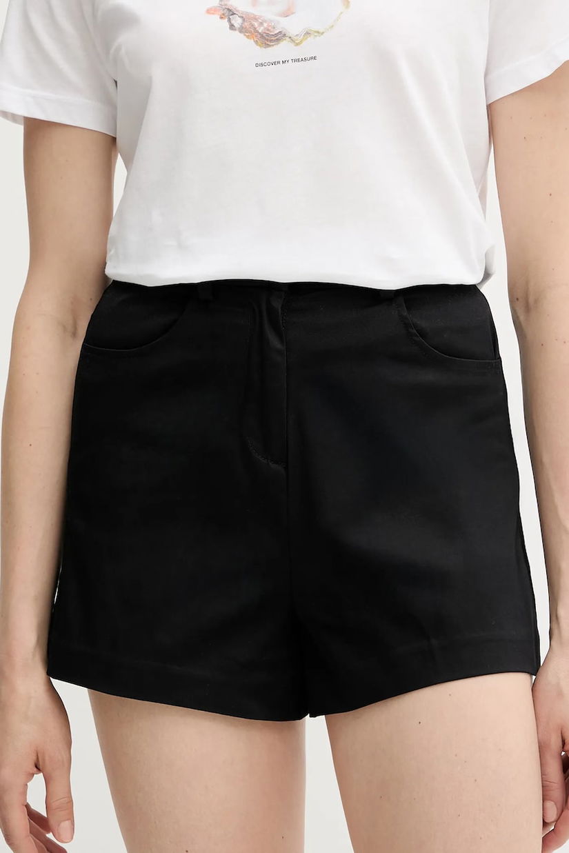 Sisley pantaloni scurți culoarea negru, uni, high waist, 4ED4L901N