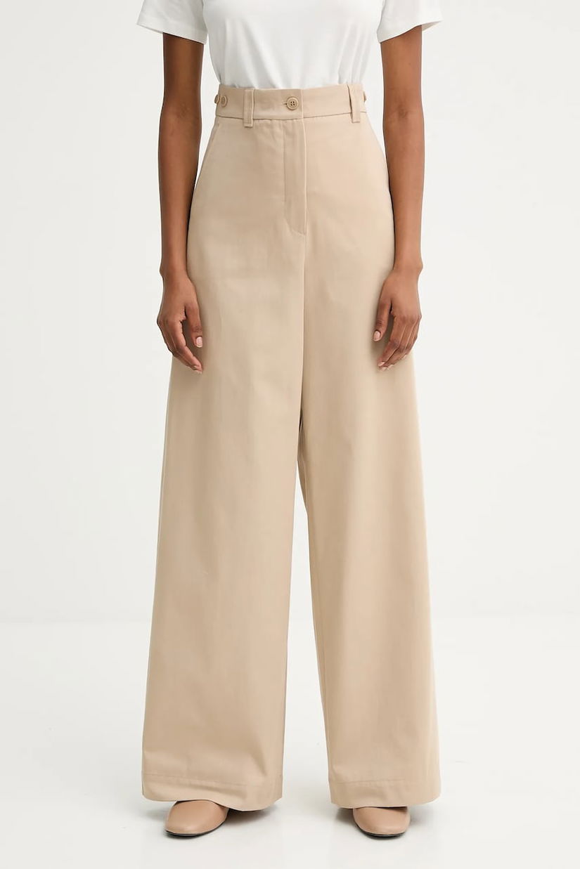 Weekend Max Mara pantaloni de bumbac ALFEO culoarea bej, lat, high waist, 2525136101600