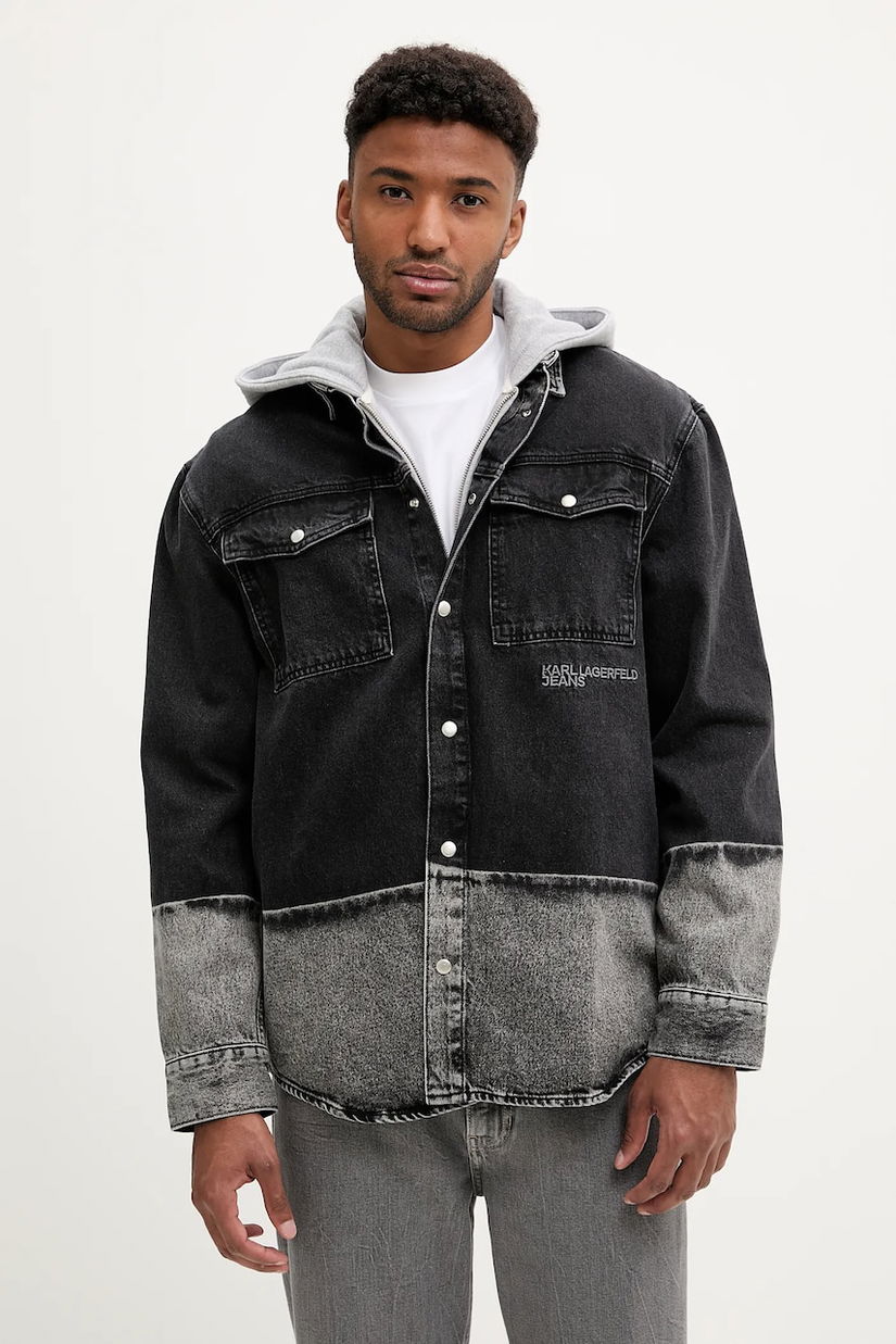 Karl Lagerfeld Jeans cămașă jeans culoarea negru, cu guler clasic, relaxed, A3M16003