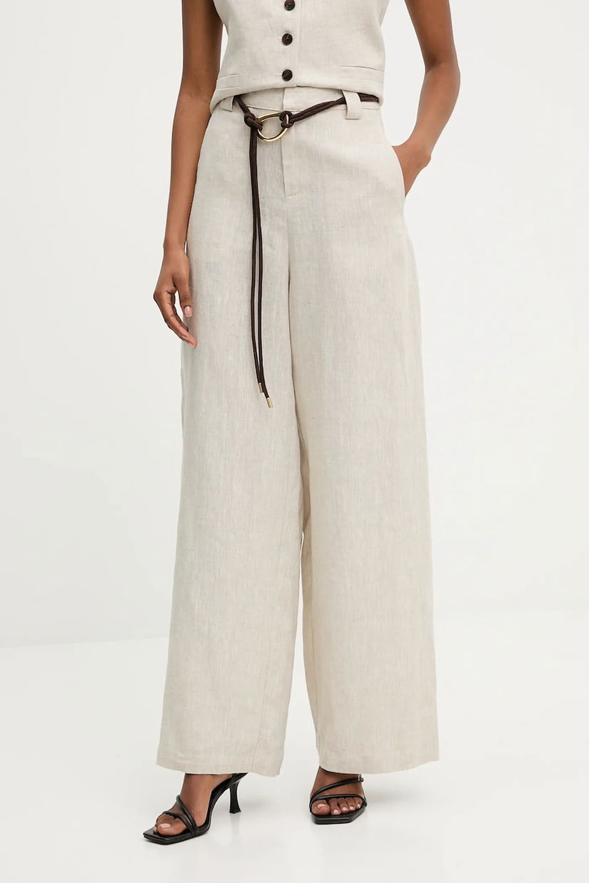 Answear Lab pantaloni din in culoarea bej, lat, high waist