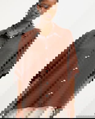 Answear Lab cămașă de in culoarea maro, cu guler clasic, relaxed