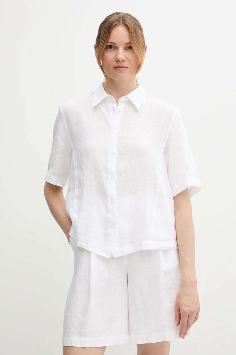 Sisley cămașă de in culoarea alb, cu guler clasic, relaxed, 5BMLLQ08U
