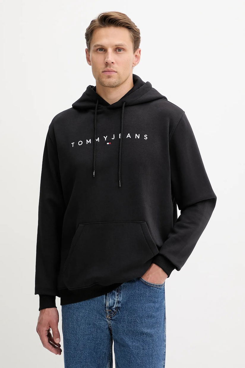 Tommy Jeans bluză culoarea bej, cu glugă, cu imprimeu, DM0DM20746