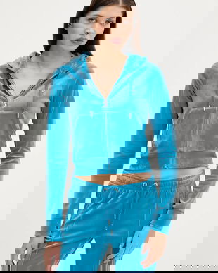 Juicy Couture bluză culoarea turcoaz, cu glugă, cu imprimeu, JCWA122001