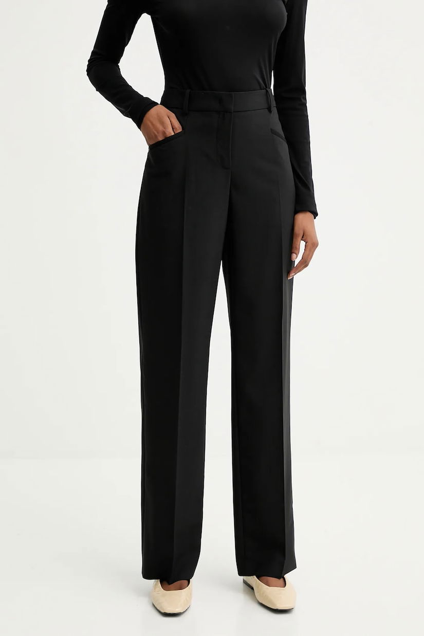 BOSS pantaloni de lână culoarea negru, lat, medium waist, 50546613
