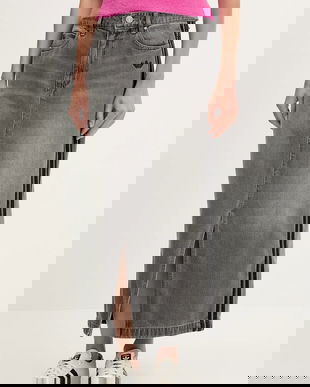 adidas Originals fustă jeans Denim Long Skirt culoarea gri, maxi, drept, JW2659