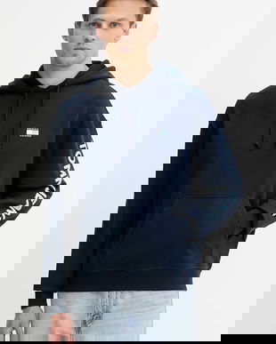 Tommy Jeans hanorac de bumbac culoarea bleumarin, cu glugă, cu imprimeu, DM0DM21834