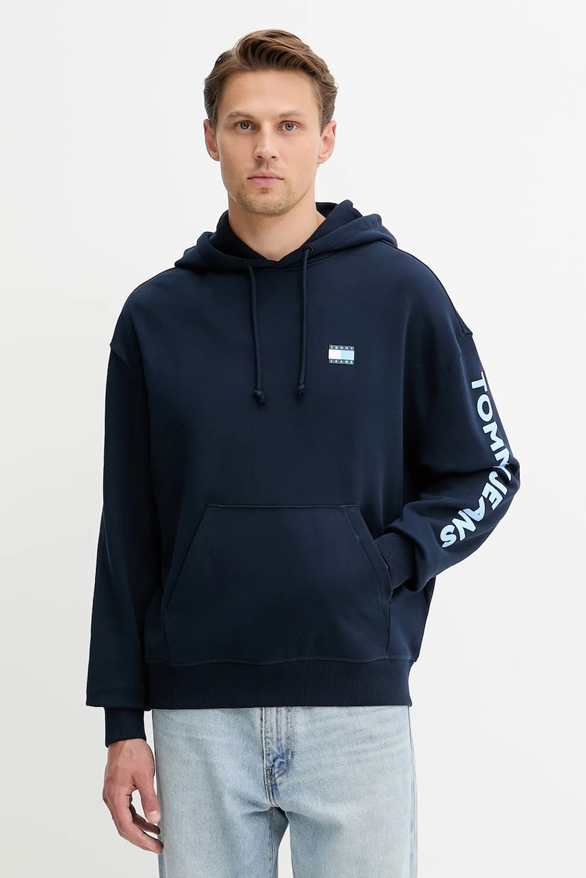 Tommy Jeans hanorac de bumbac culoarea bleumarin, cu glugă, cu imprimeu, DM0DM21834