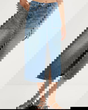 Tommy Jeans fustă jeans midi, drept, DW0DW21070