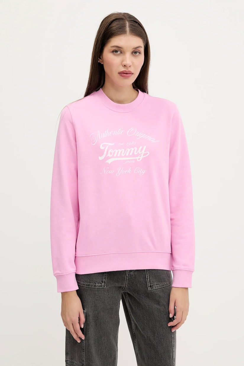 Tommy Jeans hanorac de bumbac culoarea roz, cu imprimeu, DW0DW20942